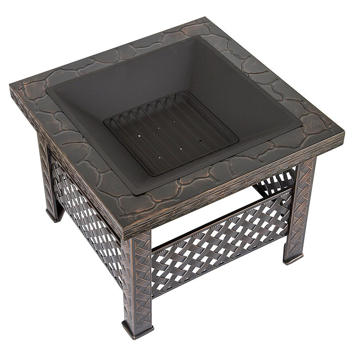 Pure Garden - Fire Pit Set, Wood Burning Pit With Spark Screen, Cover and Log Poker,  26" Woven Metal Square Firepit - Bronze_6