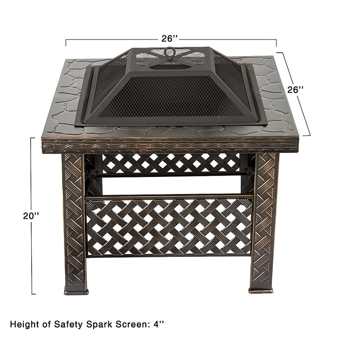 Pure Garden - Fire Pit Set, Wood Burning Pit With Spark Screen, Cover and Log Poker,  26" Woven Metal Square Firepit - Bronze_2