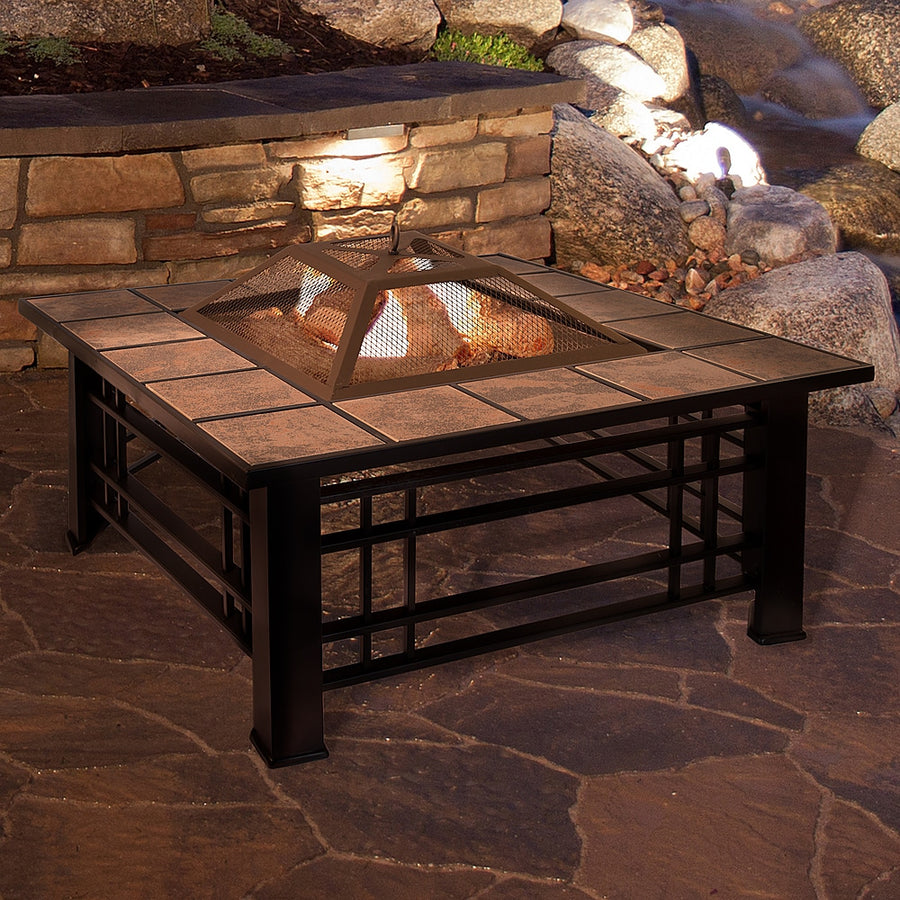 Pure Garden - Fire Pit Set, Wood Burning Pit Includes Spark Screen and Log Poker Great for Outdoor and Patio, 32” Square Tile Firepit - Black and Orange Marbled_0