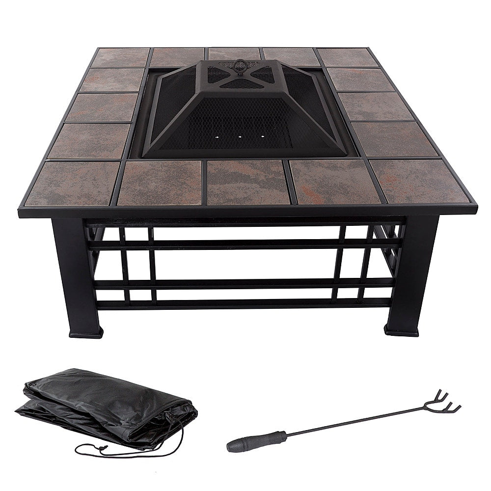 Pure Garden - Fire Pit Set, Wood Burning Pit Includes Spark Screen and Log Poker Great for Outdoor and Patio, 32” Square Tile Firepit - Black and Orange Marbled_4
