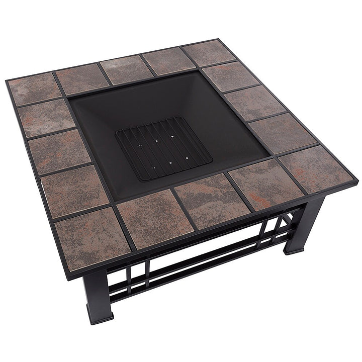 Pure Garden - Fire Pit Set, Wood Burning Pit Includes Spark Screen and Log Poker Great for Outdoor and Patio, 32” Square Tile Firepit - Black and Orange Marbled_3