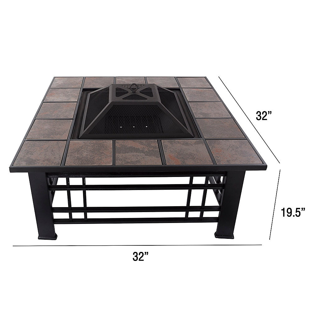 Pure Garden - Fire Pit Set, Wood Burning Pit Includes Spark Screen and Log Poker Great for Outdoor and Patio, 32” Square Tile Firepit - Black and Orange Marbled_2