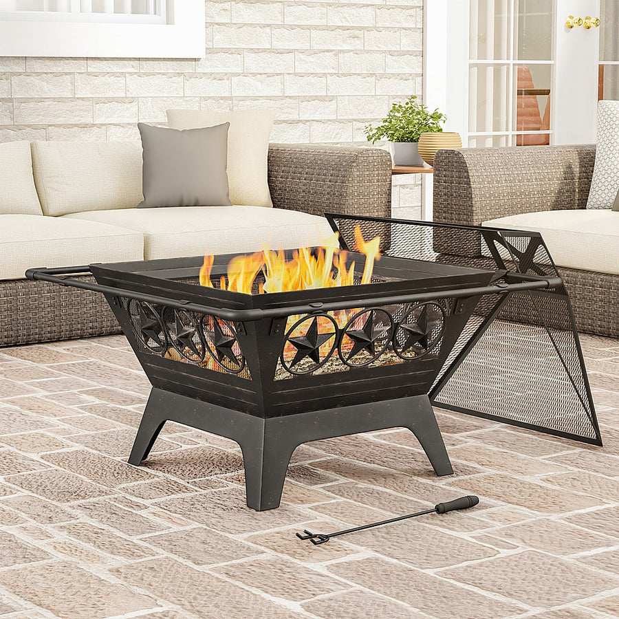 Pure Garden - 32” Outdoor Deep Fire Pit- Square Large Steel Bowl with Star Design, Mesh Spark Screen, Log Poker & Storage Cover - Black_0