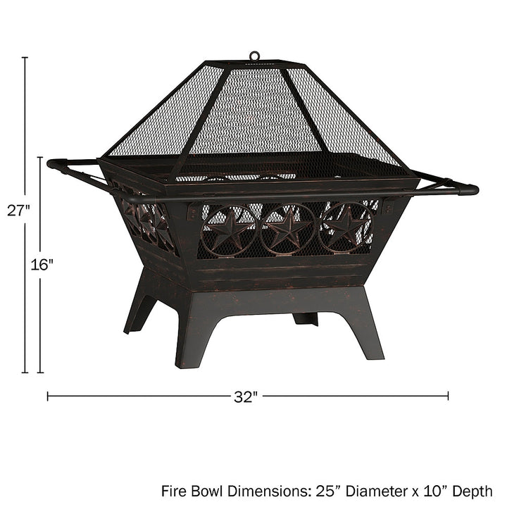 Pure Garden - 32” Outdoor Deep Fire Pit- Square Large Steel Bowl with Star Design, Mesh Spark Screen, Log Poker & Storage Cover - Black_6