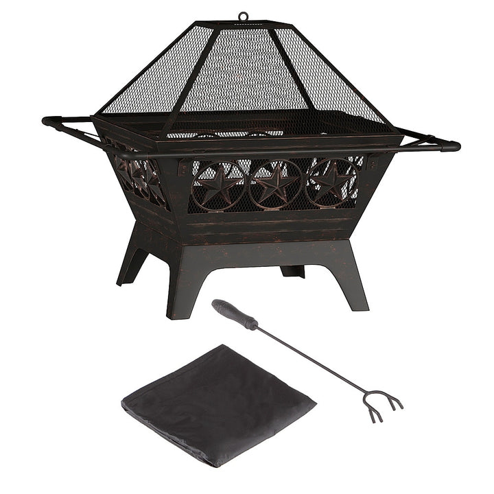 Pure Garden - 32” Outdoor Deep Fire Pit- Square Large Steel Bowl with Star Design, Mesh Spark Screen, Log Poker & Storage Cover - Black_3