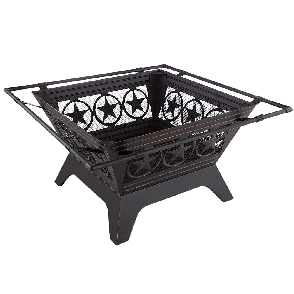 Pure Garden - 32” Outdoor Deep Fire Pit- Square Large Steel Bowl with Star Design, Mesh Spark Screen, Log Poker & Storage Cover - Black_4