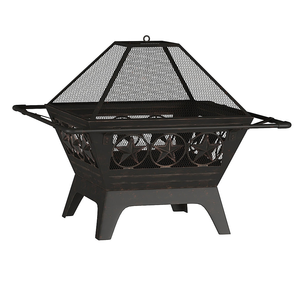 Pure Garden - 32” Outdoor Deep Fire Pit- Square Large Steel Bowl with Star Design, Mesh Spark Screen, Log Poker & Storage Cover - Black_1