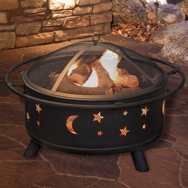 Pure Garden - 32" Round Outdoor Fire Pit with Steel Bowl, Star Cutouts Spark Screen, Log Poker, Storage Cover for Patio Wood Burning - Black_0