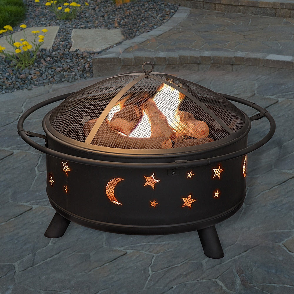 Pure Garden - 32" Round Outdoor Fire Pit with Steel Bowl, Star Cutouts Spark Screen, Log Poker, Storage Cover for Patio Wood Burning - Black_7