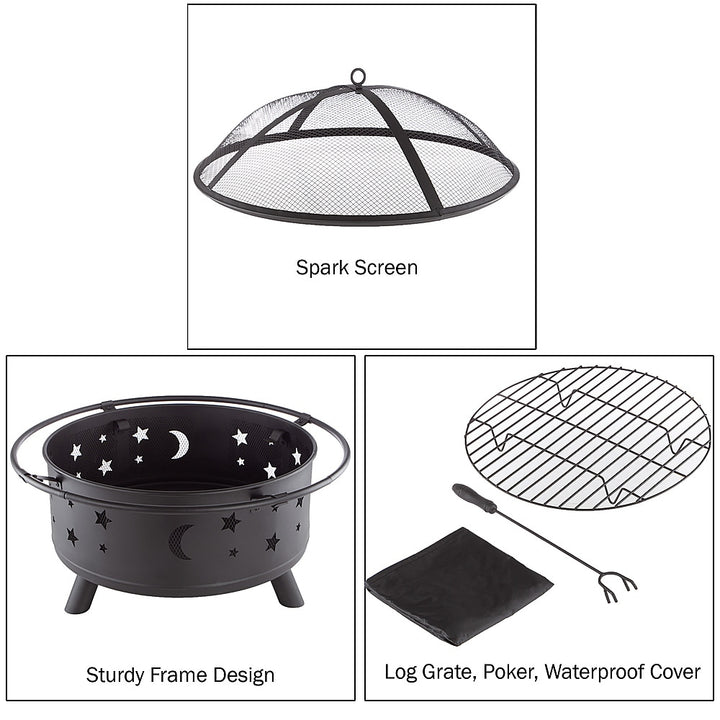 Pure Garden - 32" Round Outdoor Fire Pit with Steel Bowl, Star Cutouts Spark Screen, Log Poker, Storage Cover for Patio Wood Burning - Black_5