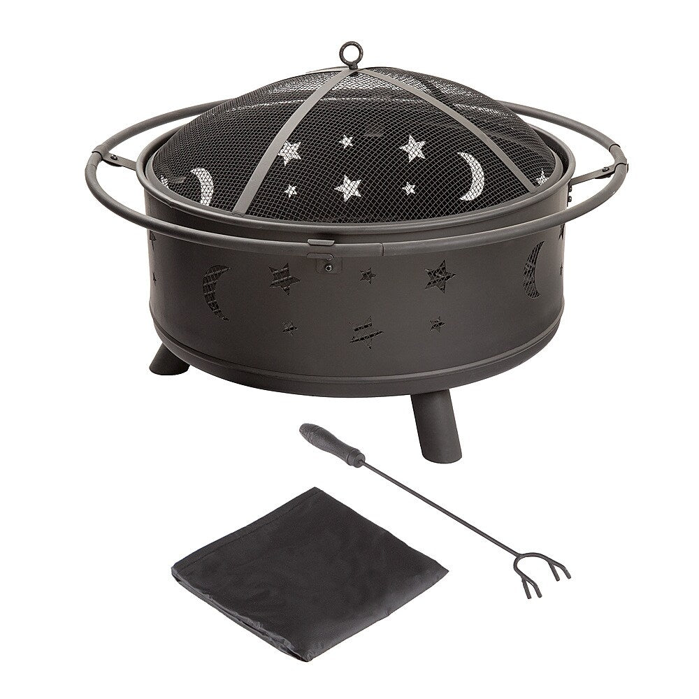 Pure Garden - 32" Round Outdoor Fire Pit with Steel Bowl, Star Cutouts Spark Screen, Log Poker, Storage Cover for Patio Wood Burning - Black_4