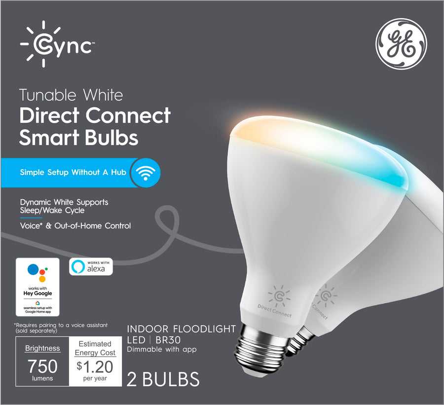 GE - Cync Smart Tunable White Direct Connect Light Bulbs(2 BR30 Smart LED Light Bulbs), 65W Replacement - Adjustable White_0