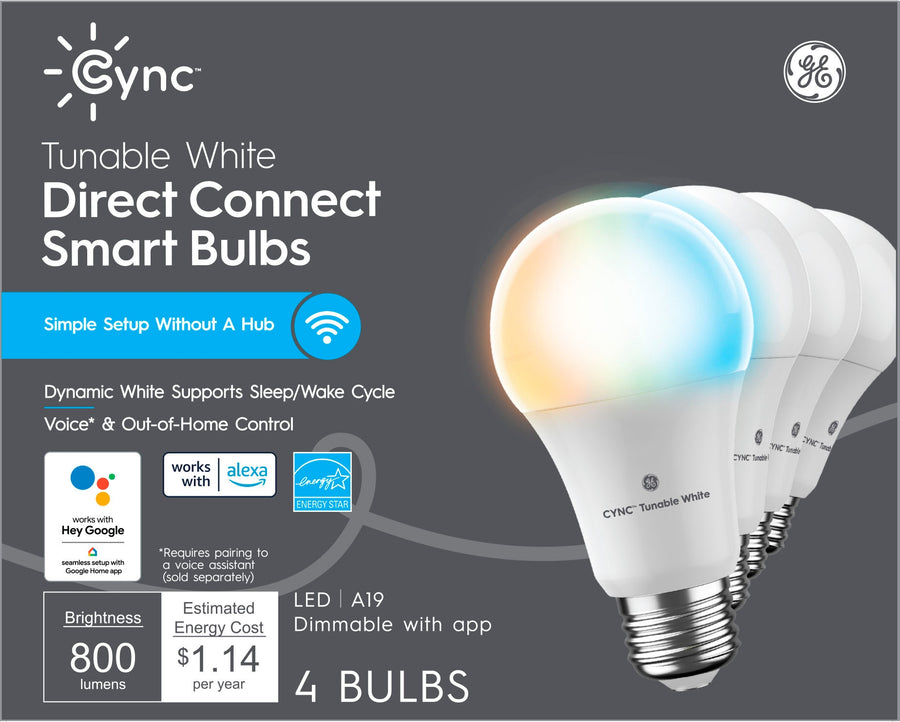 GE - Cync Smart Tunable White Direct Connect Light Bulbs (4 A19 Smart LED Light Bulbs), 60W Replacement - Adjustable White_0