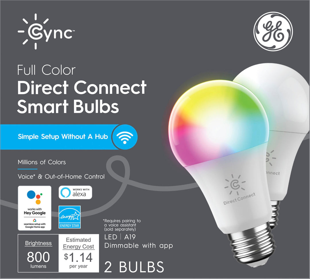 GE - Cync Smart Full Color Direct Connect Light Bulbs (2 A19 LED Color Changing Light Bulbs), 60W Replacement - Full Color_0