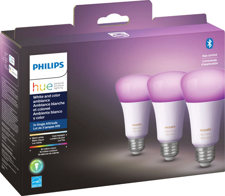 Philips - Hue White & Color Ambiance A19 Bluetooth LED Smart Bulbs (3-Pack) - Multicolor_0