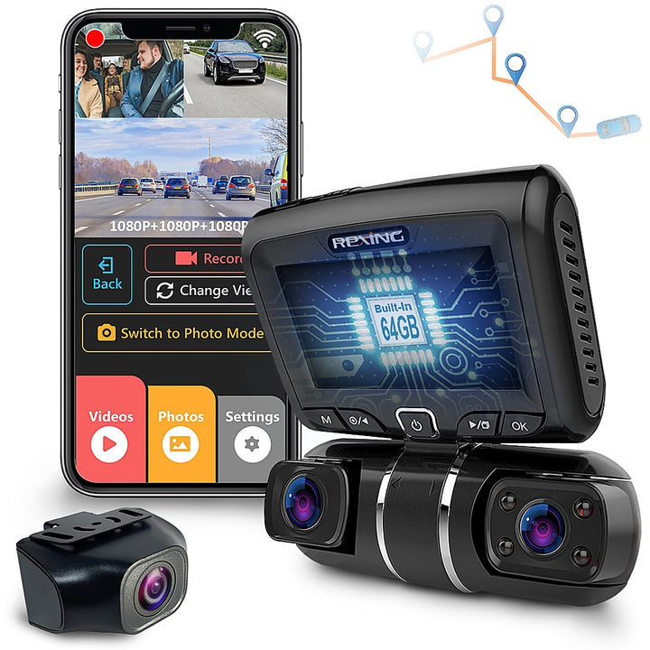 Rexing - S1 PRO 1080p 3-Channel Wi-Fi Dash Cam with Built-in GPS and 64GB Internal Memory - Black_0