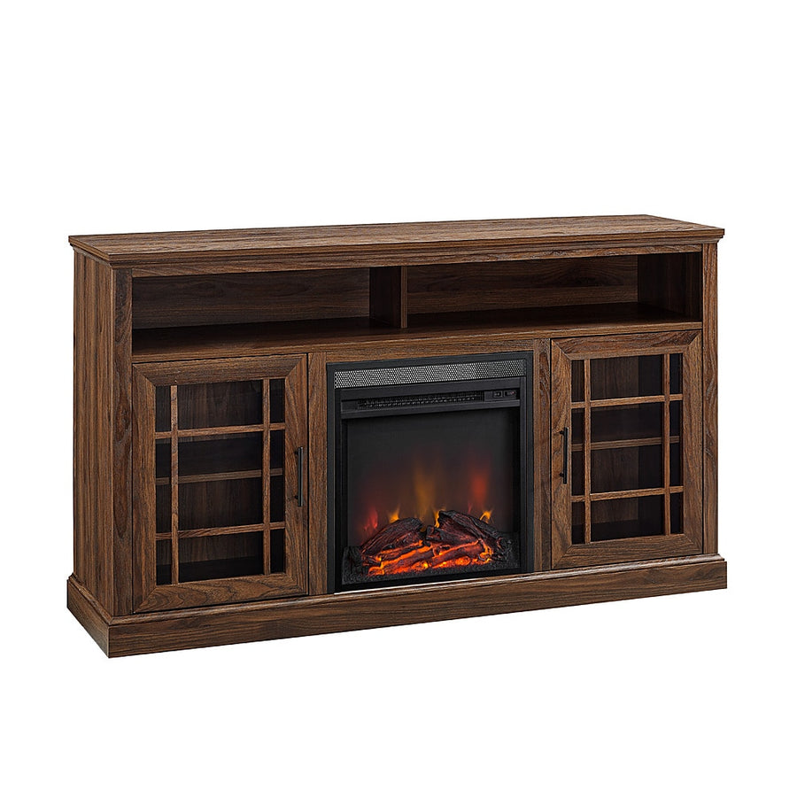 Walker Edison - Traditional Tall Glass Two Door Soundbar Storage Fireplace TV Stand for Most TVs up to 65" - Dark Walnut_0