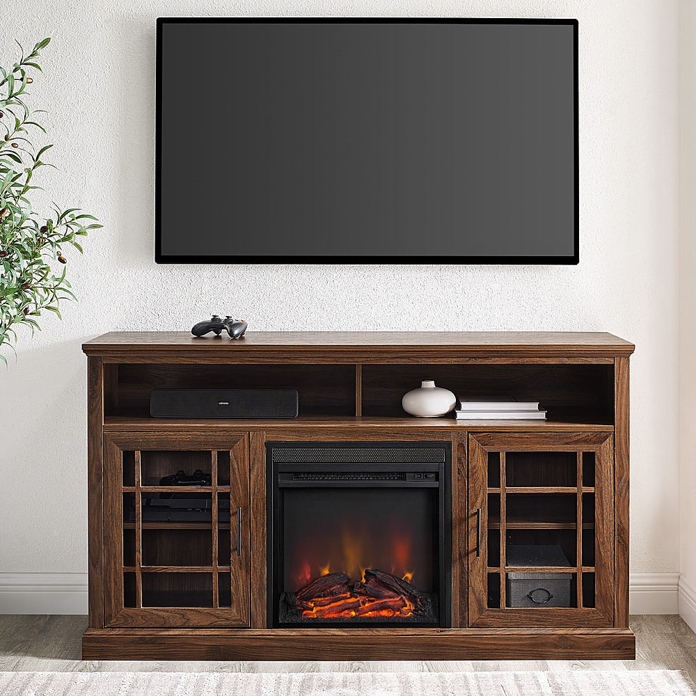 Walker Edison - Traditional Tall Glass Two Door Soundbar Storage Fireplace TV Stand for Most TVs up to 65" - Dark Walnut_5