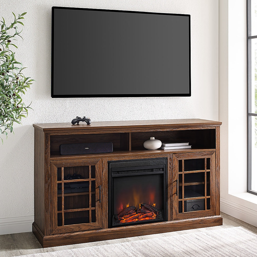 Walker Edison - Traditional Tall Glass Two Door Soundbar Storage Fireplace TV Stand for Most TVs up to 65" - Dark Walnut_4