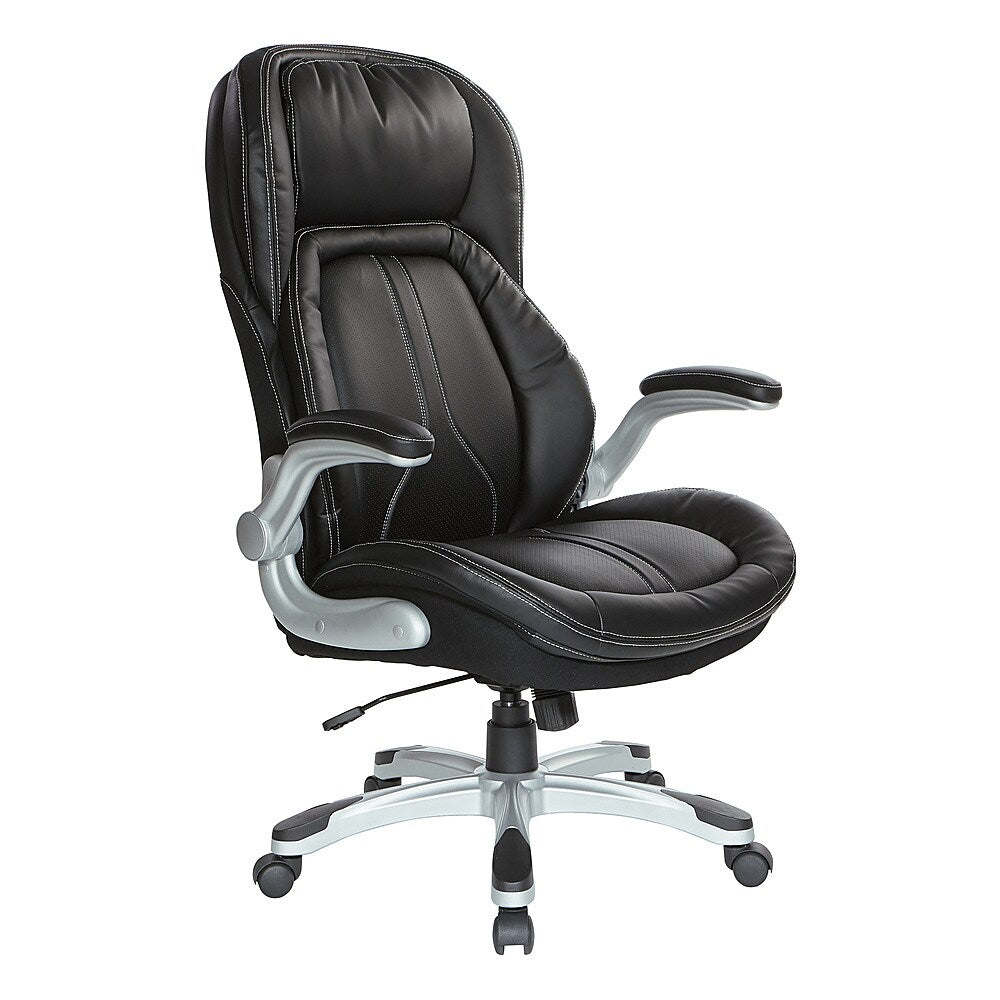 Office Star Products - Bonded Leather Executive Chair with Padded Flip Arms and Silver Base - Black_1