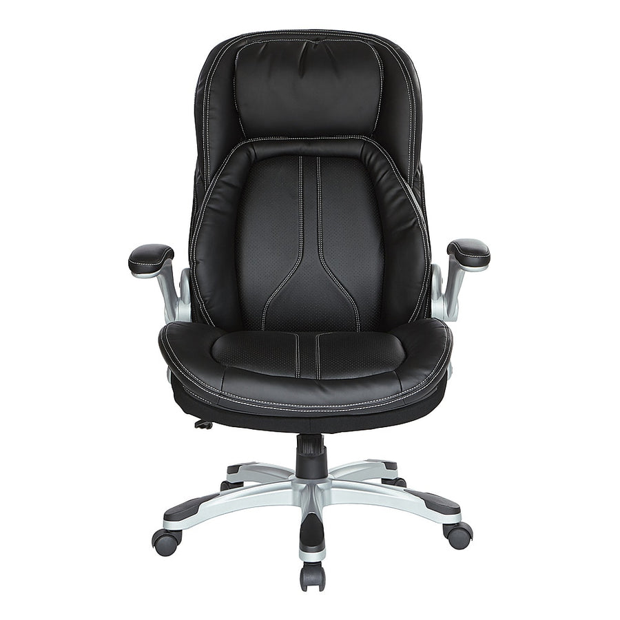 Office Star Products - Bonded Leather Executive Chair with Padded Flip Arms and Silver Base - Black_0