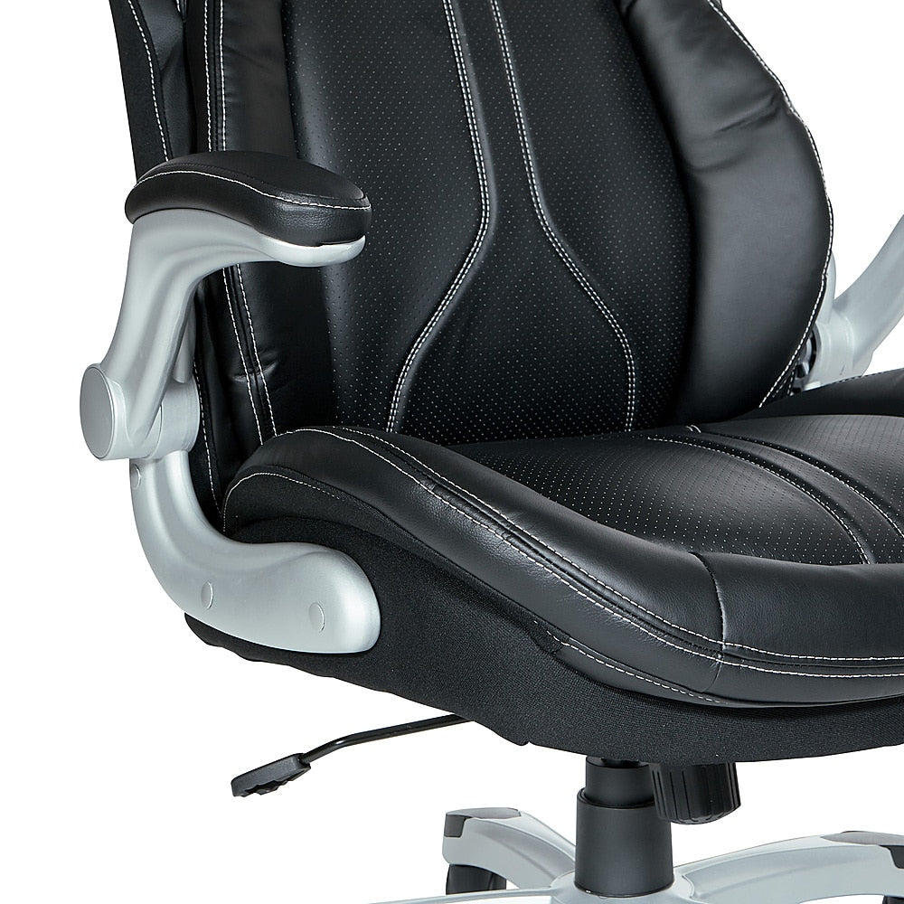 Office Star Products - Bonded Leather Executive Chair with Padded Flip Arms and Silver Base - Black_4