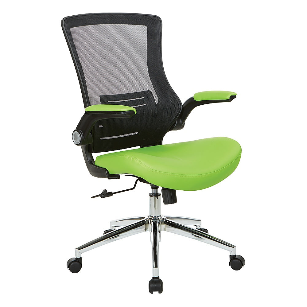 Office Star Products - Black Screen Back Manager's Chair with Faux Leather Seat and Padded Flip Arms with Silver Accents - Green_1