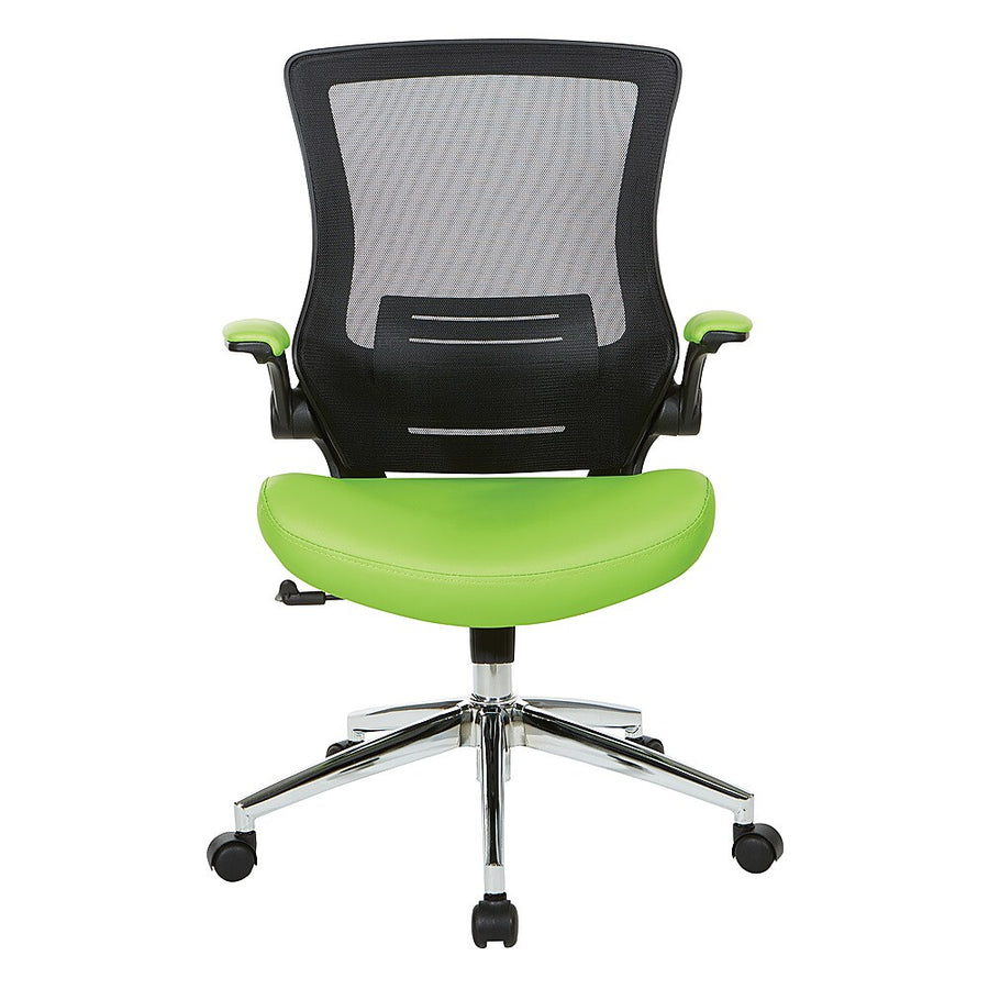 Office Star Products - Black Screen Back Manager's Chair with Faux Leather Seat and Padded Flip Arms with Silver Accents - Green_0