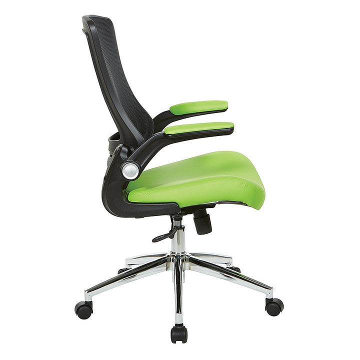Office Star Products - Black Screen Back Manager's Chair with Faux Leather Seat and Padded Flip Arms with Silver Accents - Green_2