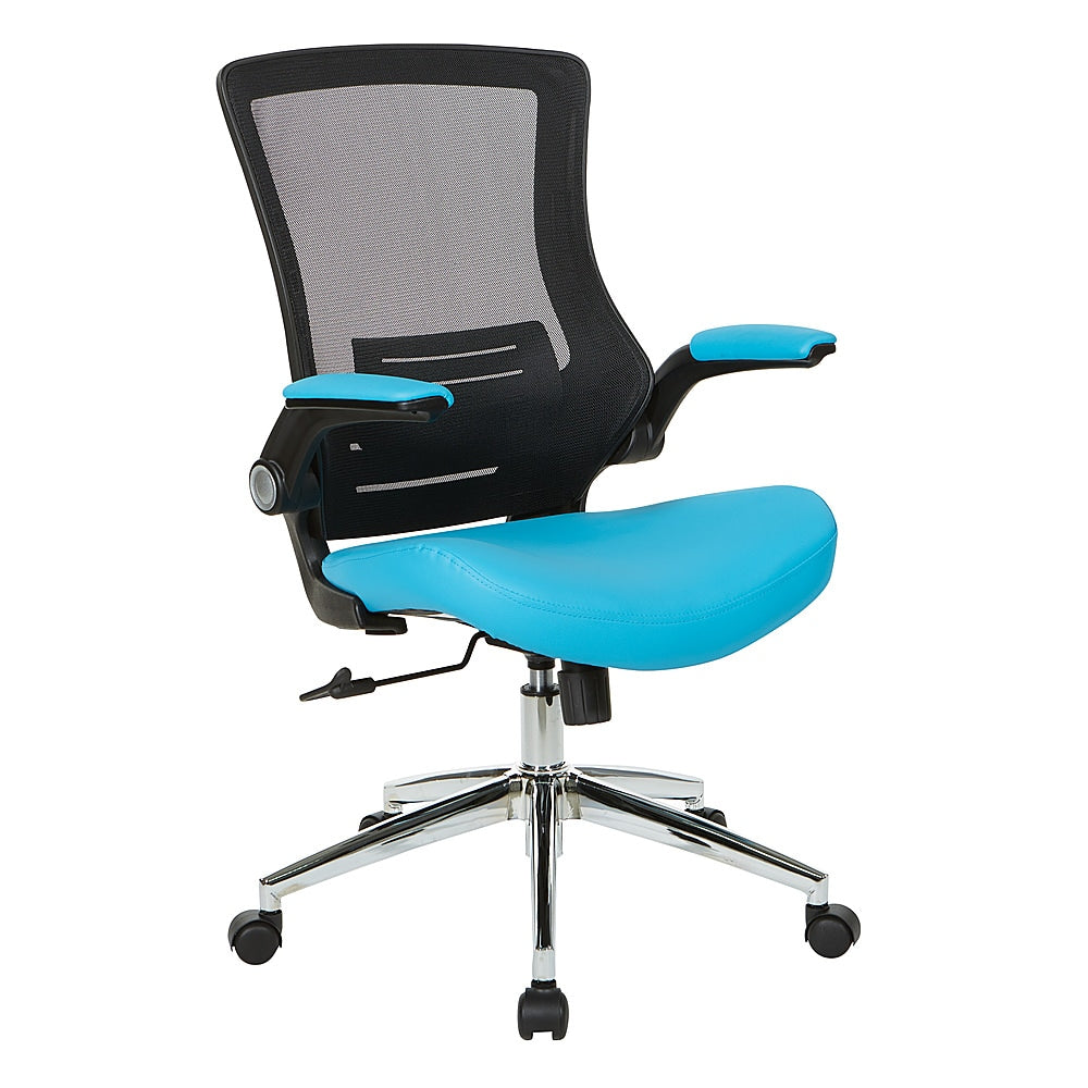 Office Star Products - Black Screen Back Manager's Chair with Faux Leather Seat and Padded Flip Arms with Silver Accents - Blue_1