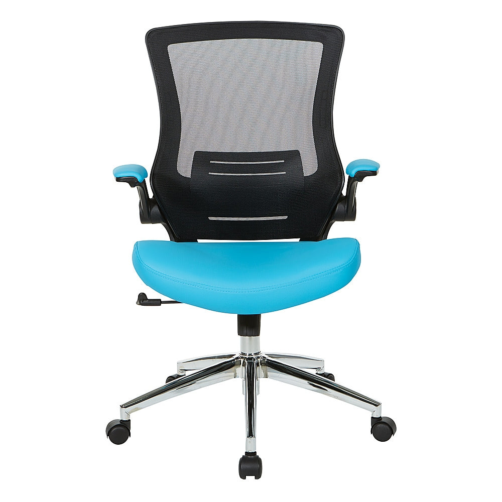 Office Star Products - Black Screen Back Manager's Chair with Faux Leather Seat and Padded Flip Arms with Silver Accents - Blue_0
