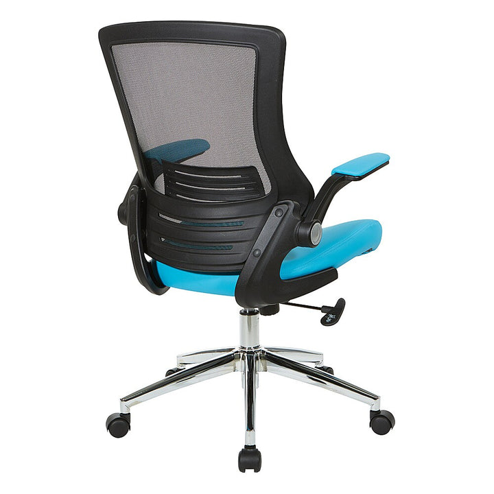 Office Star Products - Black Screen Back Manager's Chair with Faux Leather Seat and Padded Flip Arms with Silver Accents - Blue_4