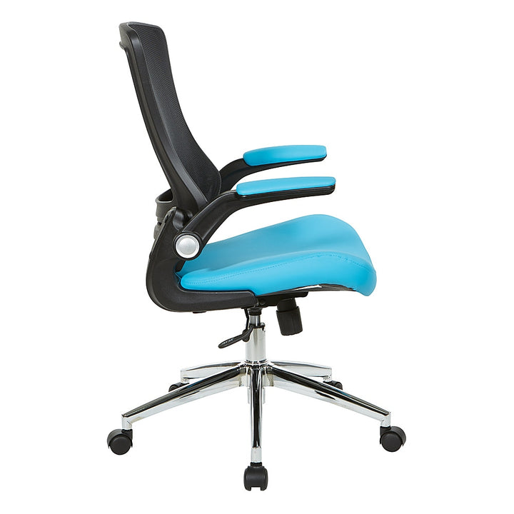 Office Star Products - Black Screen Back Manager's Chair with Faux Leather Seat and Padded Flip Arms with Silver Accents - Blue_2
