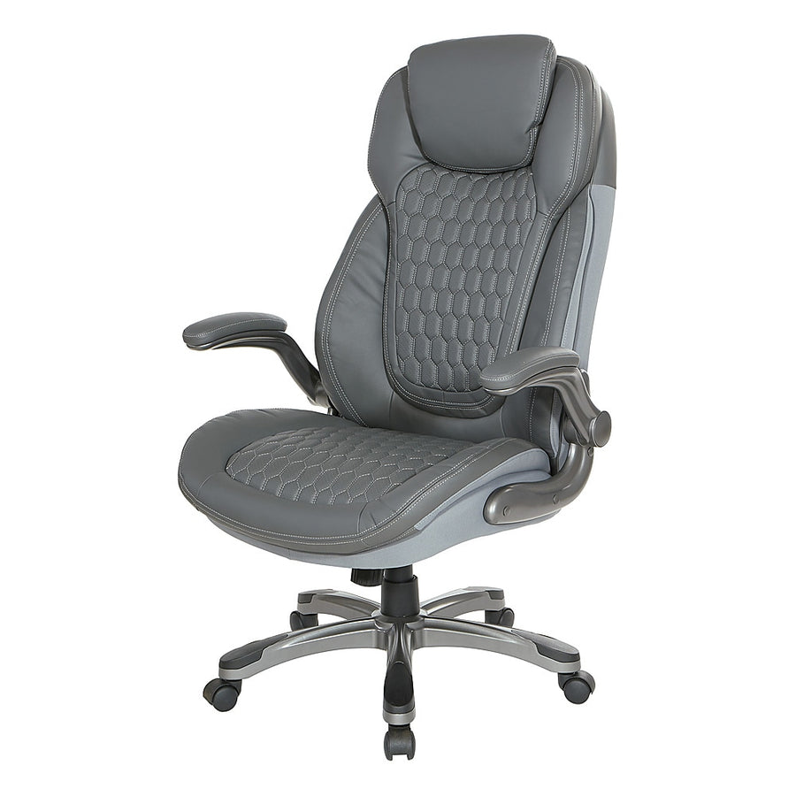 Office Star Products - Executive High Back Chair with Bonded Leather and Flip Arms - Grey_0