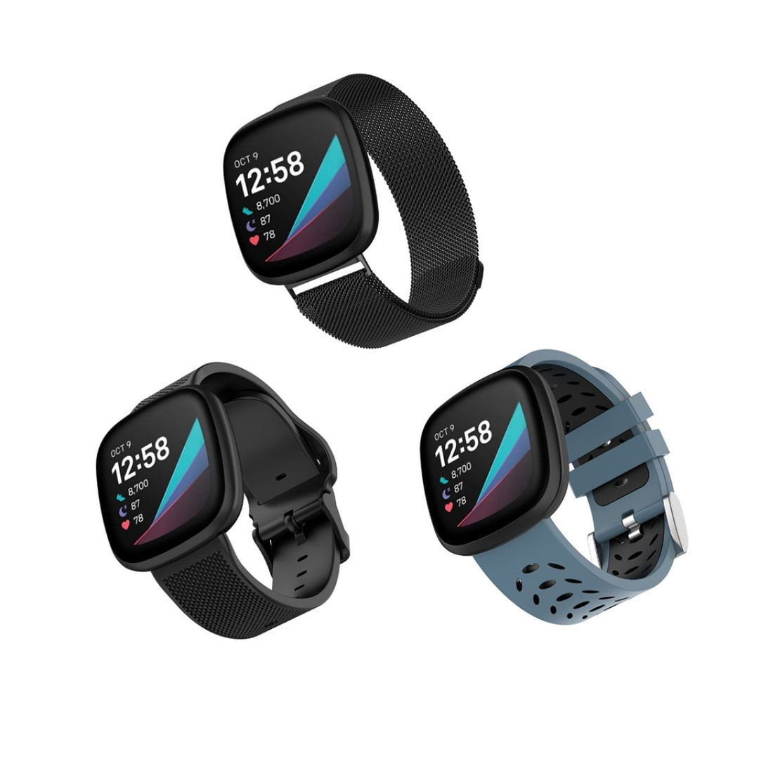 WITHit - Band Kit for Fitbit Versa 3 and Fitbit Sense (3-Pack) - Black Mesh/Bluestone Sport & Black Woven Silicone_0