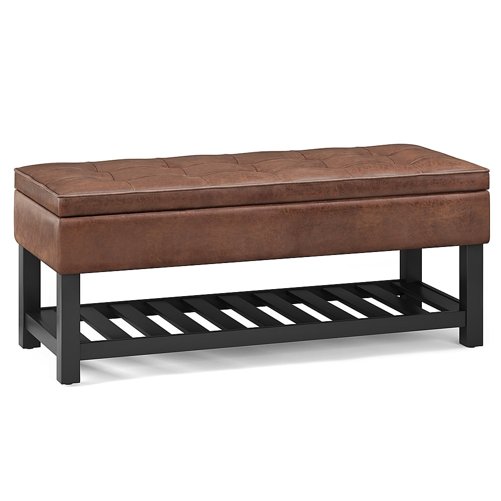 Simpli Home - Cosmopolitan 44 inch Wide Traditional Rectangle Storage Ottoman Bench in Faux Leather - Distressed Saddle Brown_1