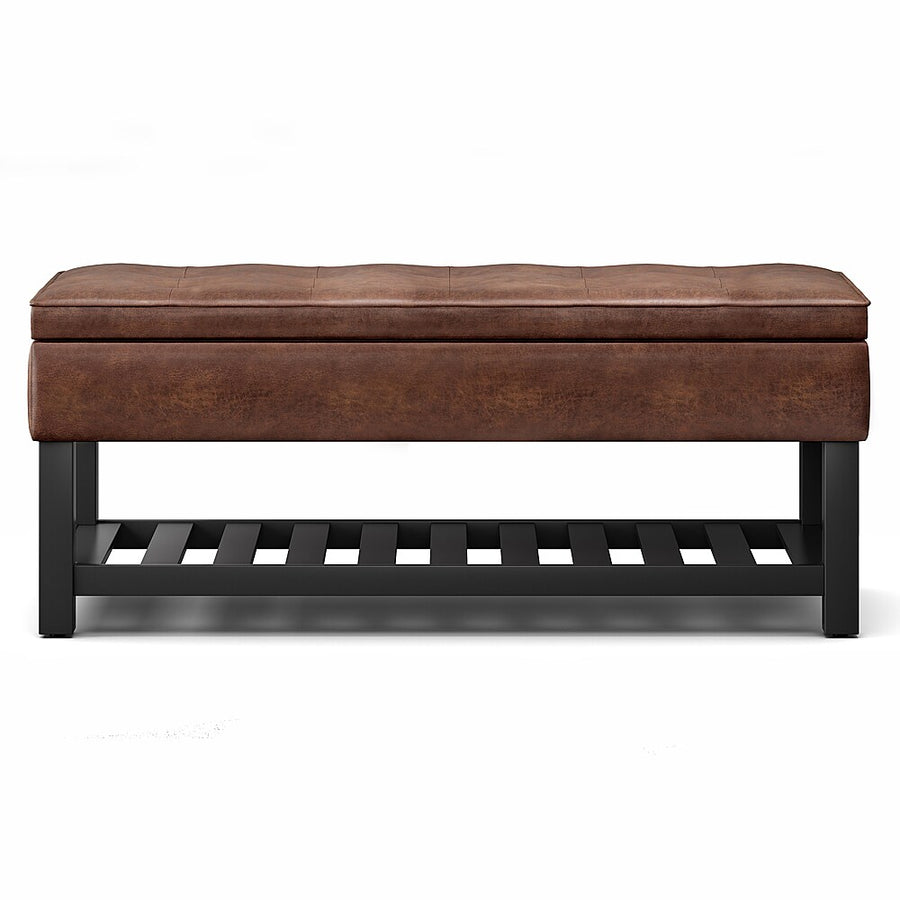Simpli Home - Cosmopolitan 44 inch Wide Traditional Rectangle Storage Ottoman Bench in Faux Leather - Distressed Saddle Brown_0