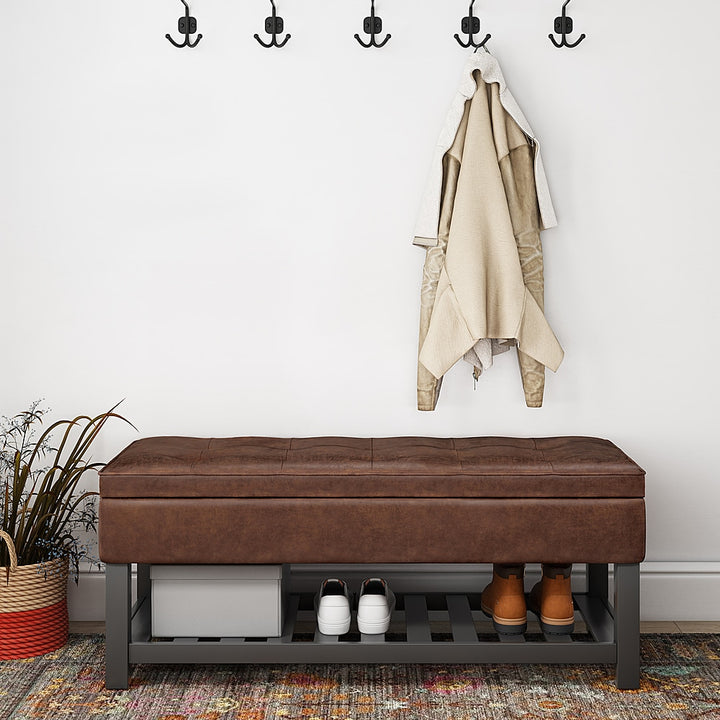 Simpli Home - Cosmopolitan 44 inch Wide Traditional Rectangle Storage Ottoman Bench in Faux Leather - Distressed Saddle Brown_7