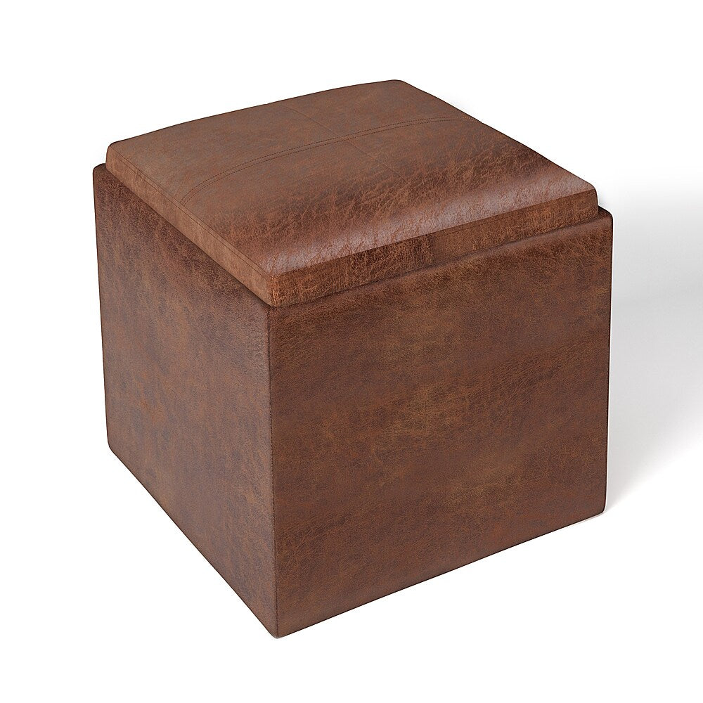 Simpli Home - Rockwood 17 inch Wide Contemporary Square Cube Storage Ottoman with Tray - Distressed Saddle Brown_1