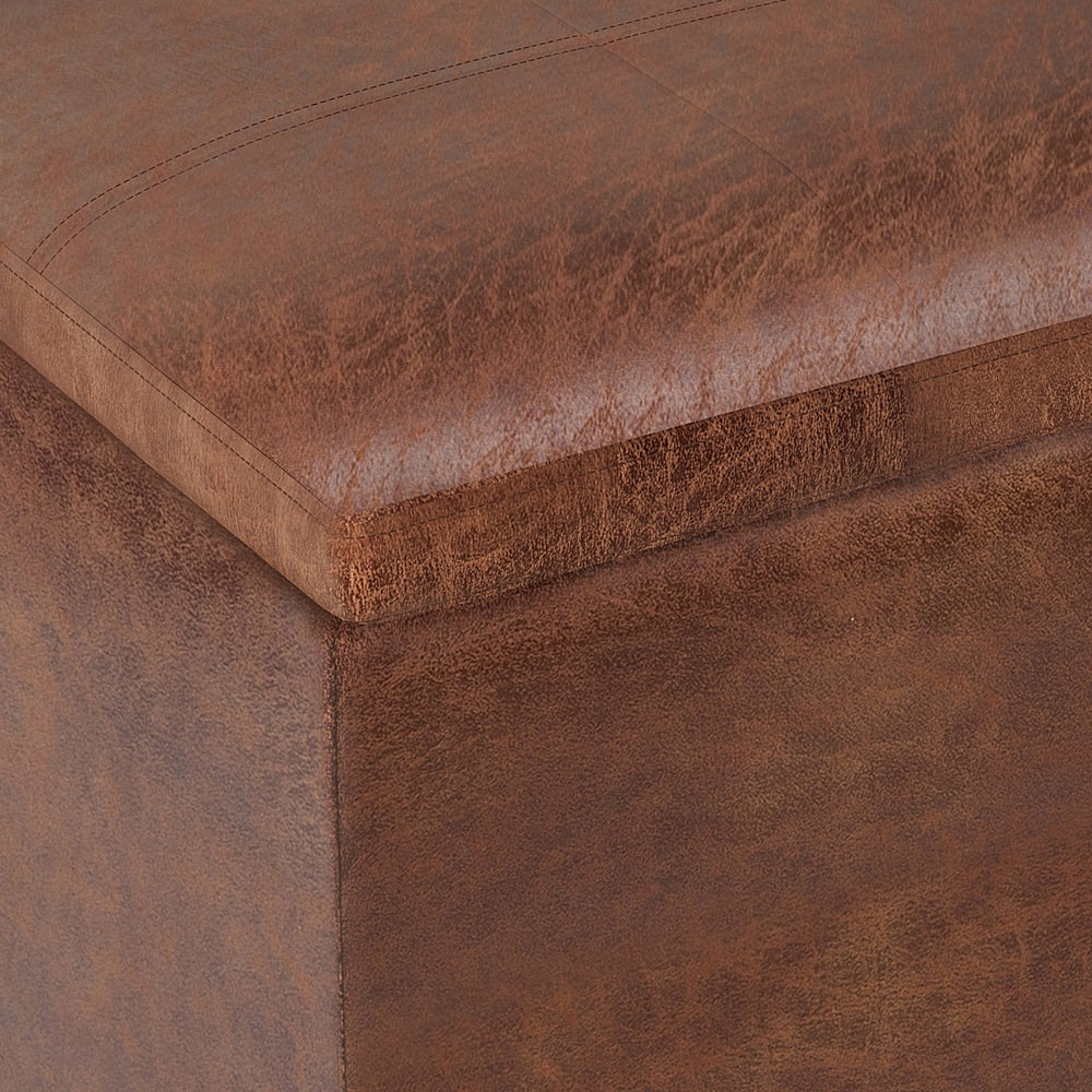 Simpli Home - Rockwood 17 inch Wide Contemporary Square Cube Storage Ottoman with Tray - Distressed Saddle Brown_6