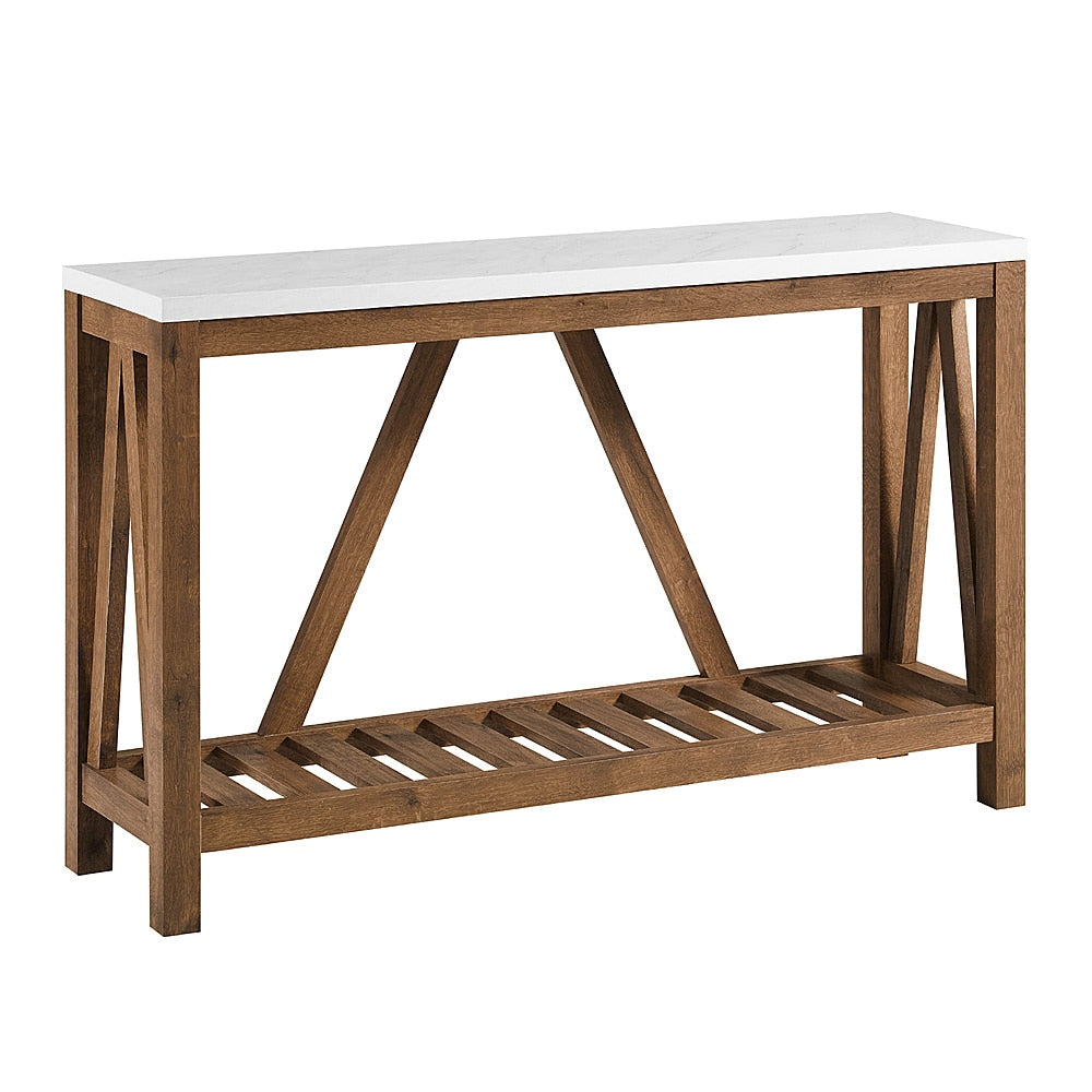Walker Edison - 52" Rustic A Frame Entry Table - Faux White Marble/Walnut_1