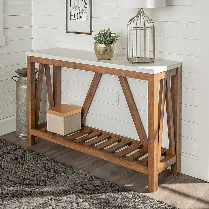 Walker Edison - 52" Rustic A Frame Entry Table - Faux White Marble/Walnut_3