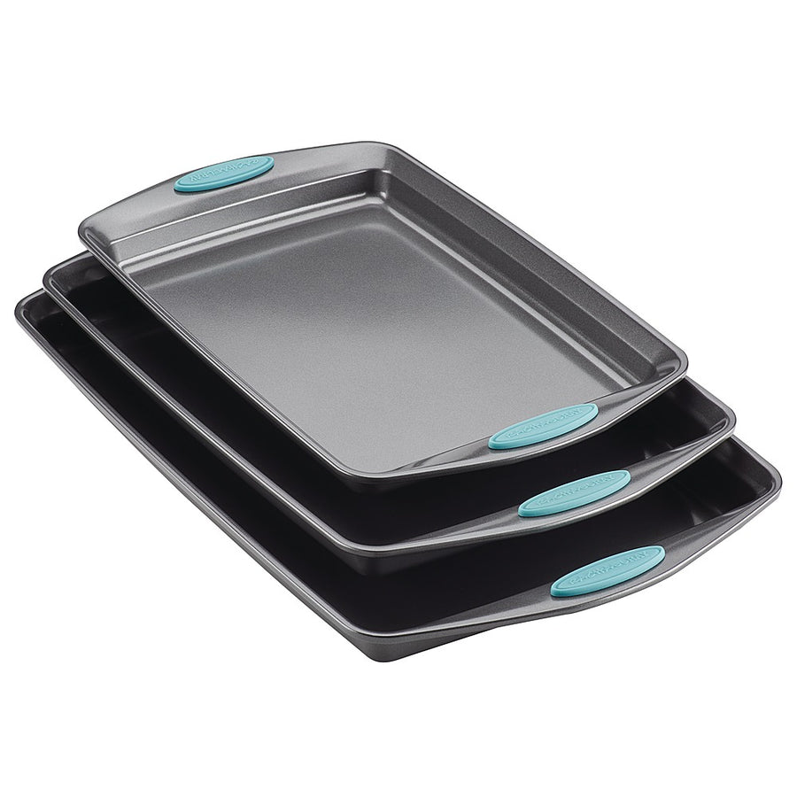 Rachael Ray - 3-Piece Nonstick Bakeware Cookie Pan Set with Silicone Grips - Gray with Agave Blue Grips_0