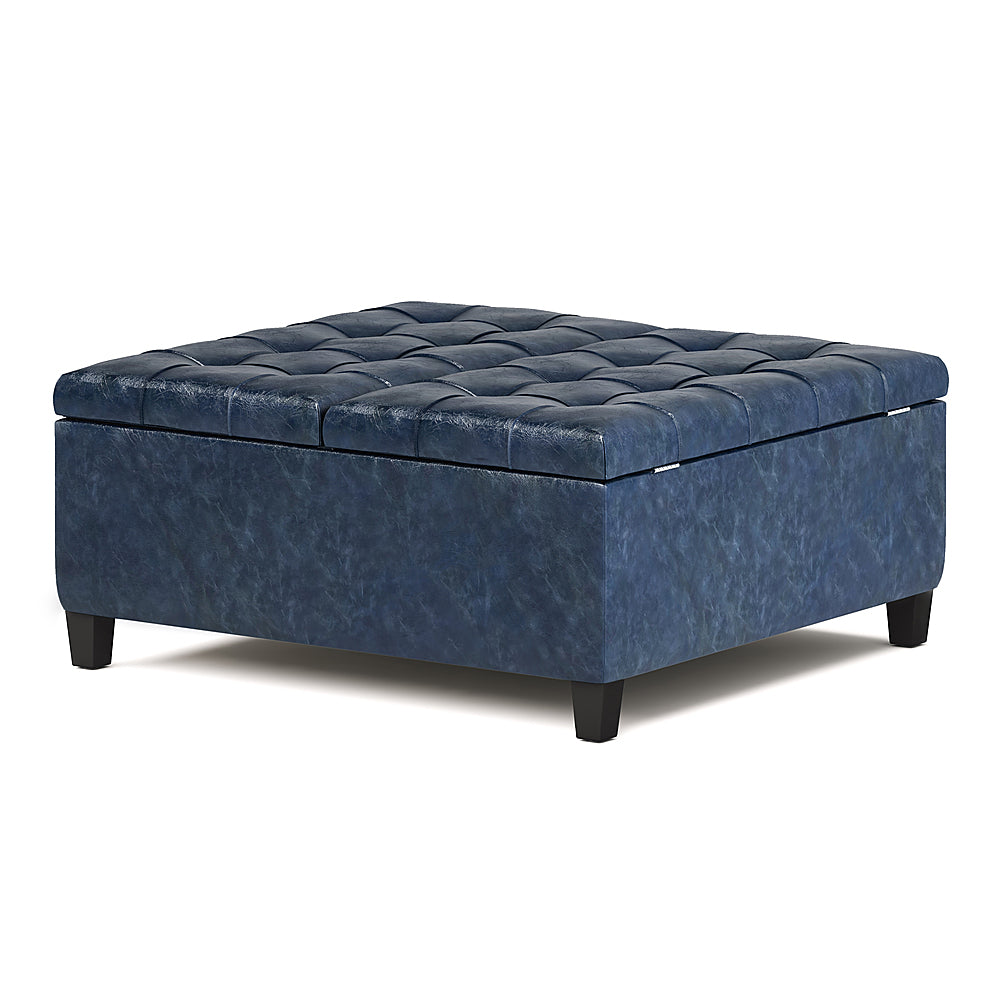 Simpli Home - Harrison 36 inch Wide Transitional Square Coffee Table Storage Ottoman in Faux Leather - Denim Blue_1