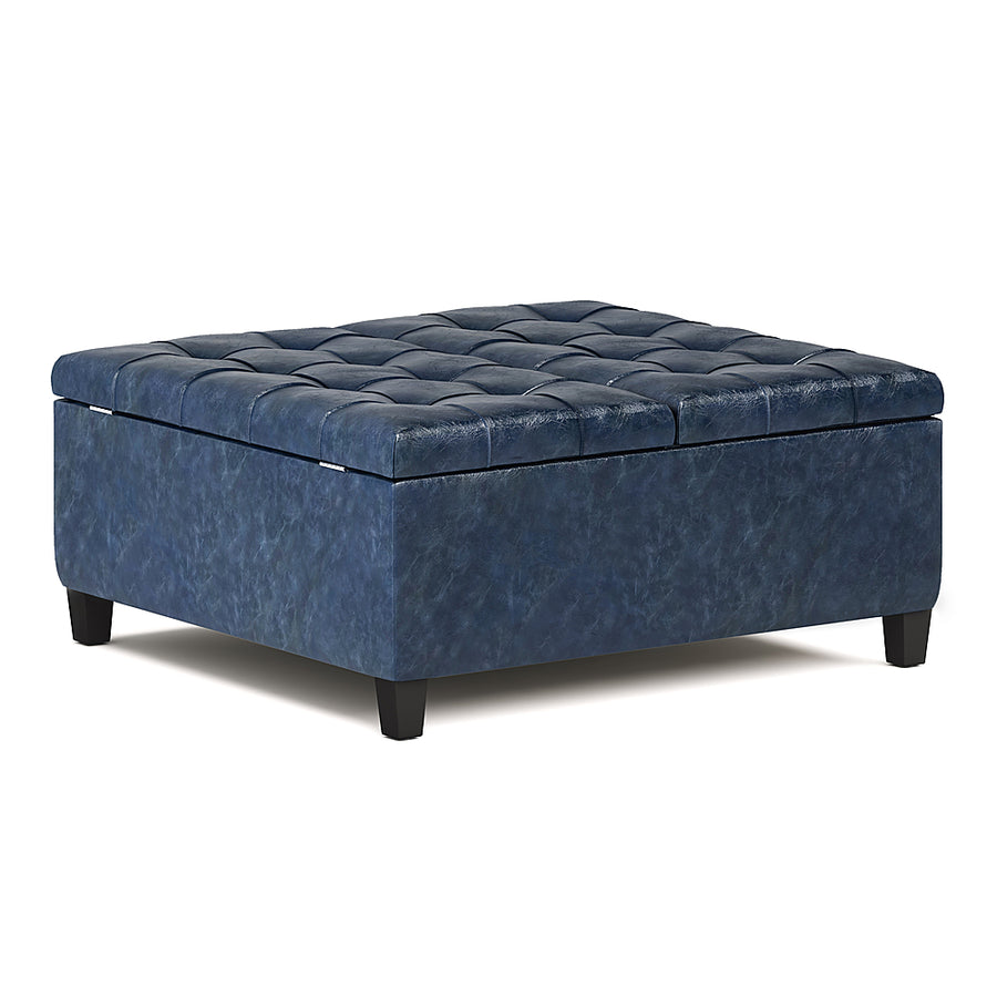 Simpli Home - Harrison 36 inch Wide Transitional Square Coffee Table Storage Ottoman in Faux Leather - Denim Blue_0