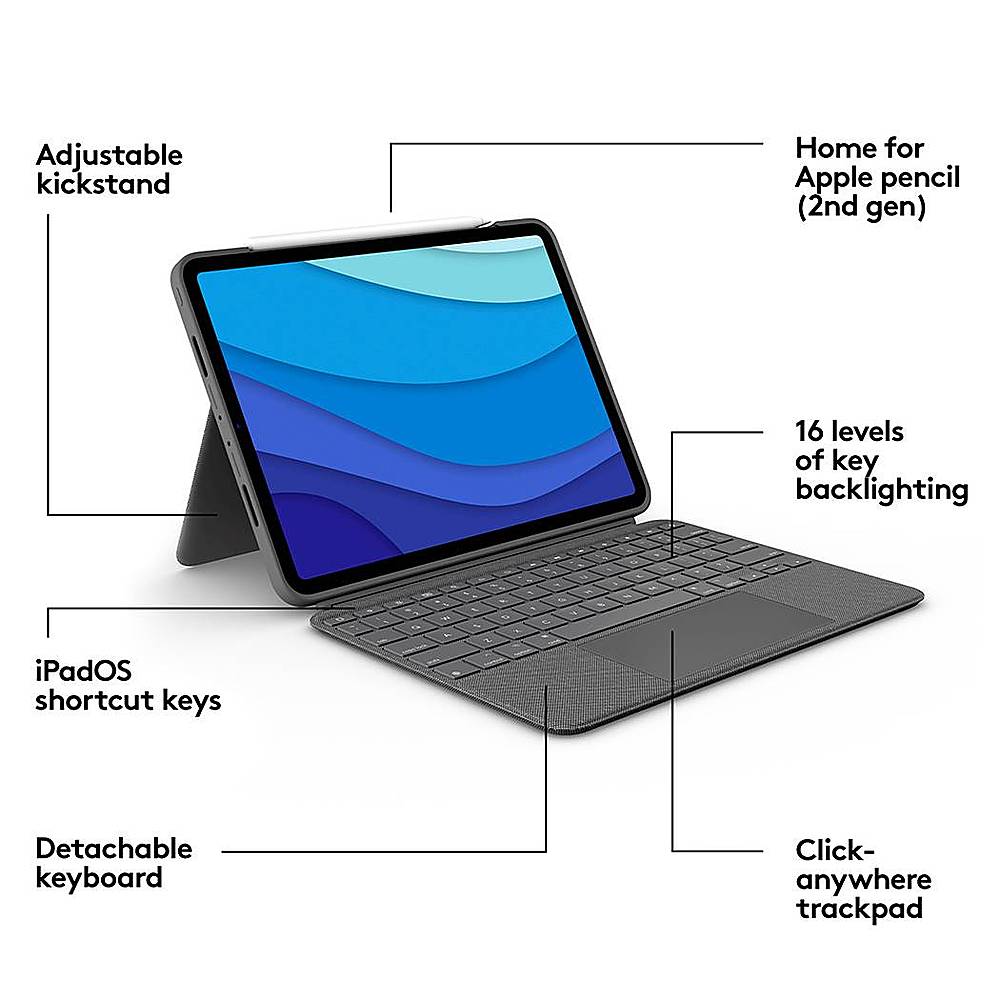Logitech - Combo Touch iPad Pro Keyboard Folio for Apple iPad Pro 11" (1st, 2nd & 3rd Gen) with Detachable Backlit Keyboard - Oxford Gray_10