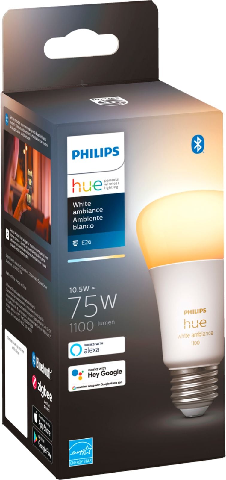 Philips - Hue White Ambiance A19 Bluetooth 75W Smart LED Bulb_5