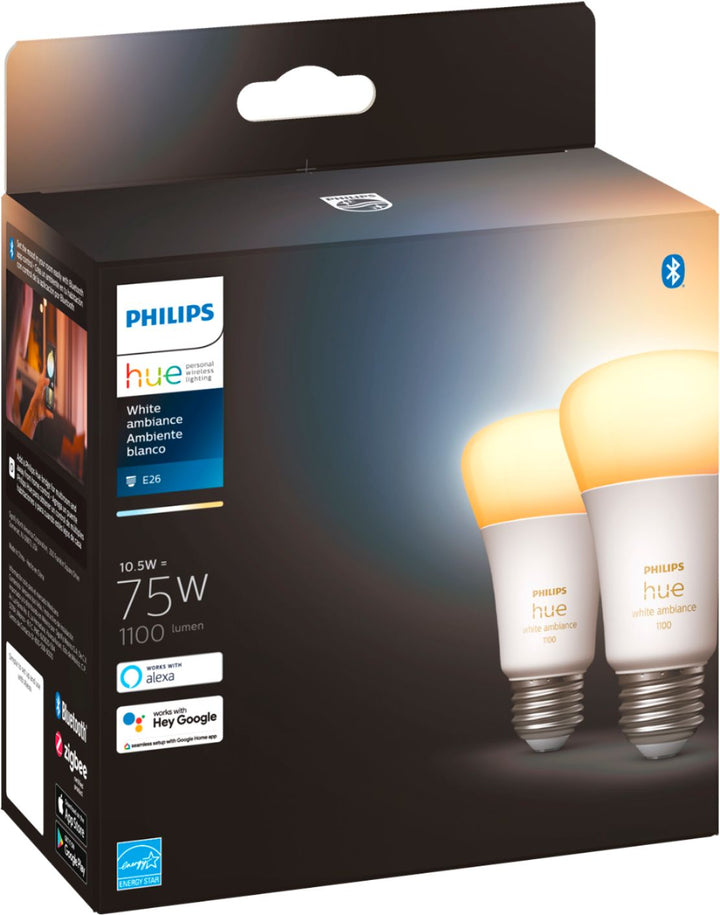 Philips - Hue White Ambiance A19 Bluetooth 75W Smart LED Bulbs (2-pack)_5