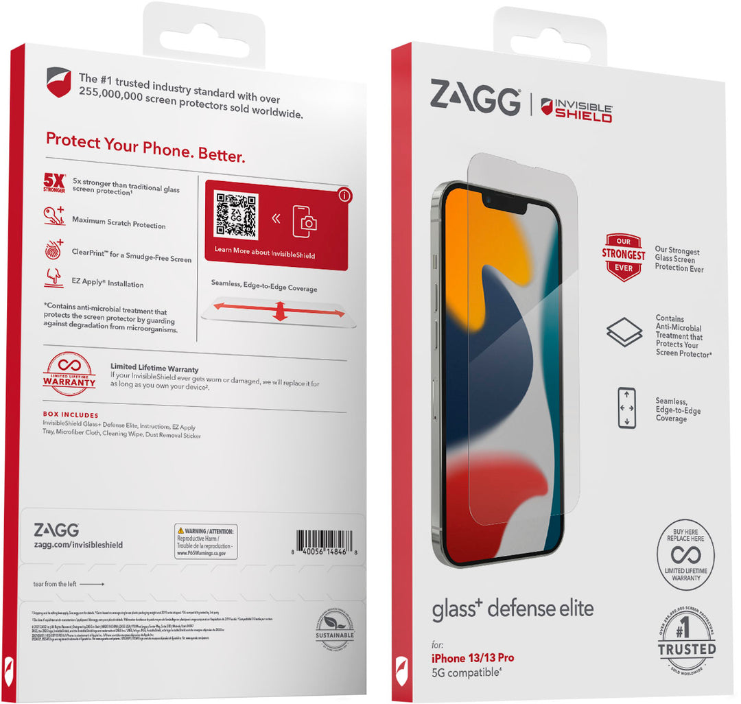ZAGG - InvisibleShield Glass+ Defense Elite Maximum Edge-to-Edge Impact & Scratch Screen Protector for Apple iPhone 13/13 Pro_1