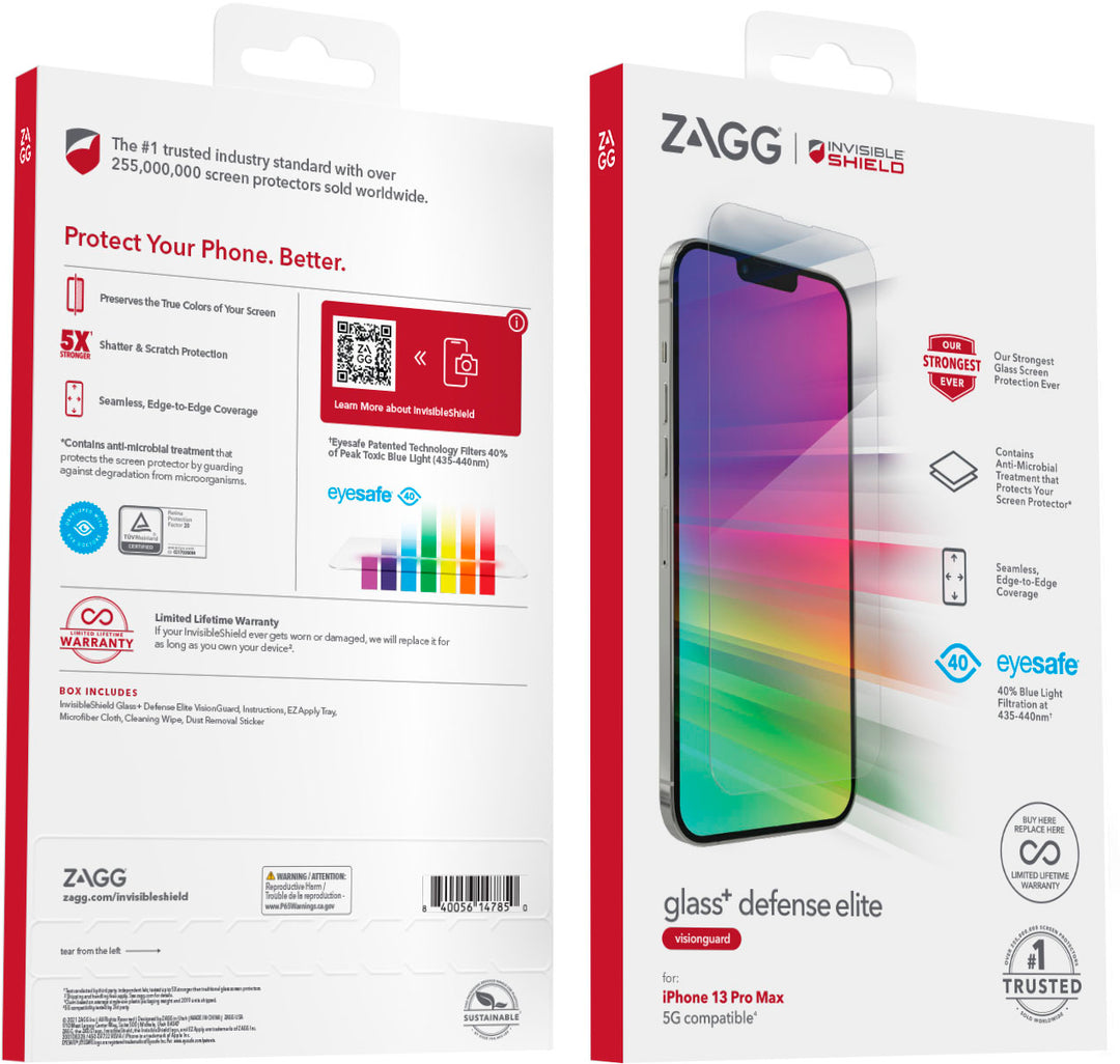 ZAGG - InvisibleShield Glass+ Defense Elite VisionGuard Blue Light Filtering Screen Protector for Apple iPhone 13 Pro Max_1